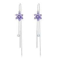 wholesale 925 Sterling Silver Cubic Zirconia Threader Earrings w/ Purple Daisy & Crystal Drop Charm-Flower F