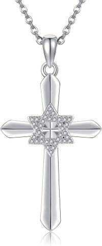 wholesale 925 Sterling Silver Star of David Cross Necklace with Cubic Zirconia Accents-cross star of david necklace