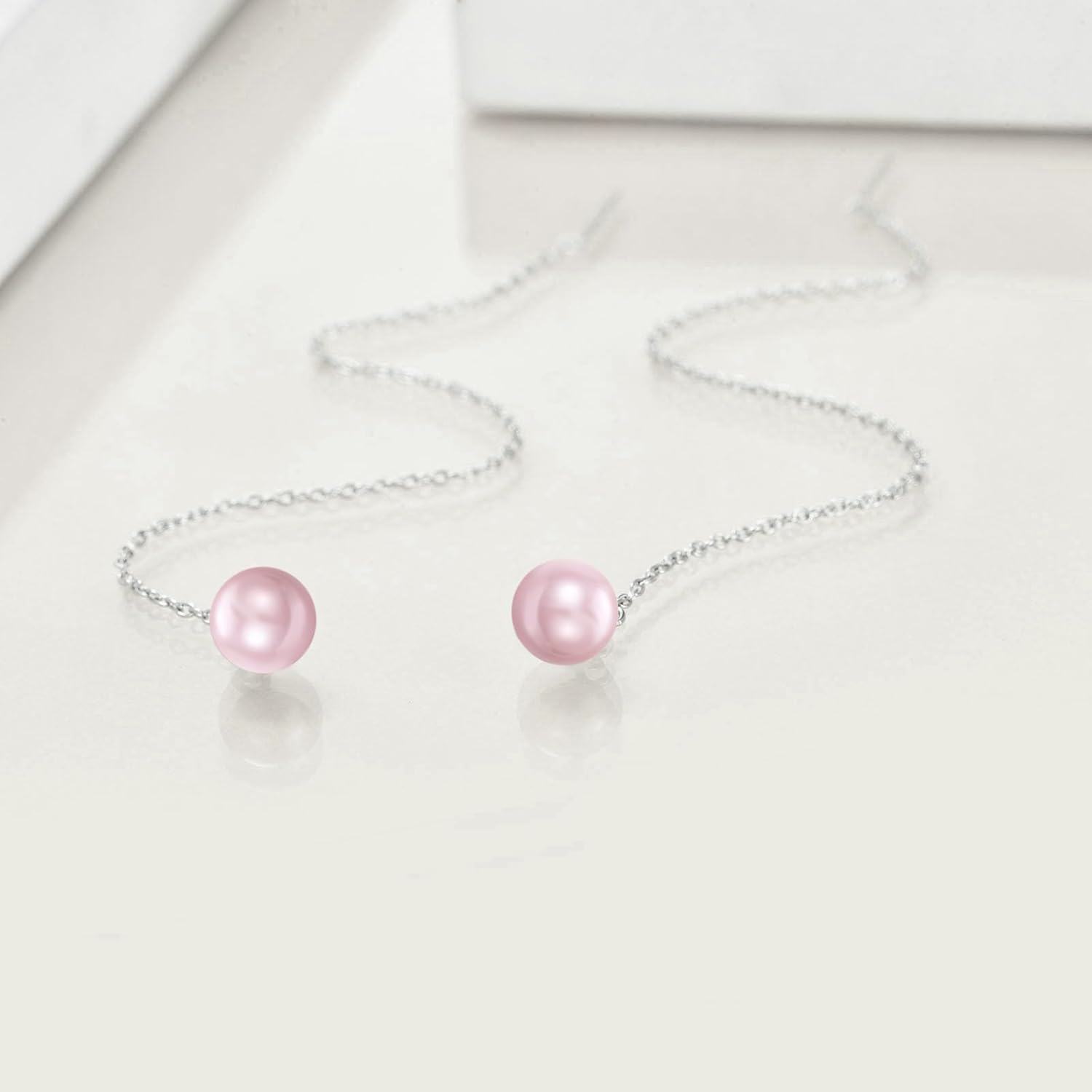925 Sterling Silver Pink Pearl Threader Earrings with Chain and Bar Design-0-3