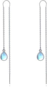 wholesale 925 Sterling Silver Green Stone Teardrop Chain Drop Earrings for Women-Moonstone thread earrings