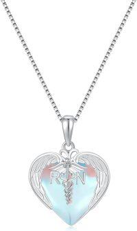 wholesale 925 Sterling Silver Moonstone RN Nurse Heart Necklace for Women, Graduation Gifts, Mother's Day, Valentine's Day, Nurses Day-Moonstone