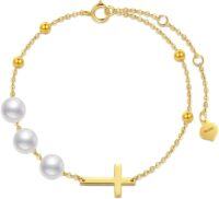 wholesale 14K Gold Pearl and Bead Sideways Crucifix Cross Bracelet for Women - Religious for Her or Mom-Yellow Gold