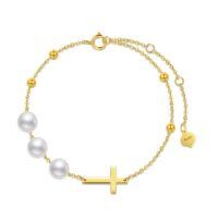 wholesale 14K Gold Pearl and Bead Sideways Crucifix Cross Bracelet for Women - Religious for Her or Mom-Yellow Gold