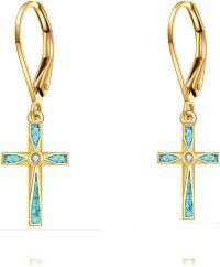 wholesale 14K Gold Turquoise and Diamond Cross Drop Earrings for Women Christian s-turquoise cross earrings