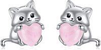 wholesale 925 Sterling Silver Pink Heart Cat Stud Earrings for Girls and Women Gift Ideas-rose quartz