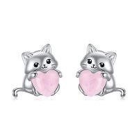 wholesale 925 Sterling Silver Cat With Pink Heart Earrings-rose quartz