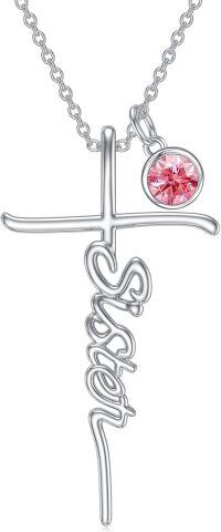 wholesale 925 Sterling Silver Birthstone Cross Sister Initial Pendant Necklace-10-October