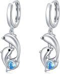 wholesale 925 Sterling Silver Blue Crystal Heart-Shaped Dolphins Huggie Hoop Earrings for Women-0-0