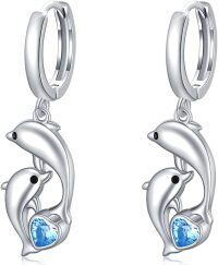wholesale 925 Sterling Silver Blue Crystal Heart-Shaped Dolphins Huggie Hoop Earrings for Women-Crystal Dolphin