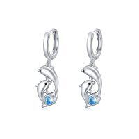 wholesale 925 Sterling Silver Dolphin Charm Earrings Wholesale With Blue Heart Crystal-Crystal Dolphin