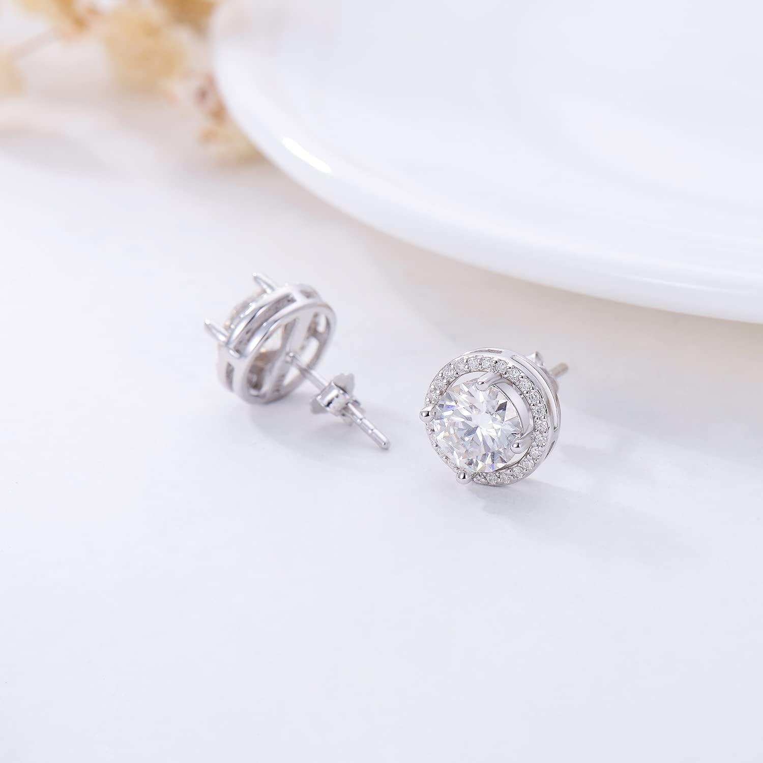 18K White Gold Plated Silver Moissanite 2ct D Color Brilliant Round Cut Halo Stud Earrings-0-4