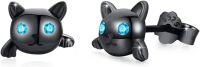 wholesale Black 925 Sterling Silver 3D Cat Stud Earrings with Blue Eyes - Adorable Halloween & Christmas Gifts for Teens and Women-Black Cat