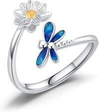 wholesale 925 Sterling Silver Animal Ring with Flower Adjustable Highland Cow Hummingbird Dragonfly Jewelry for Women-Dragonfly & Lotus