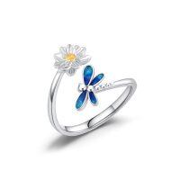 wholesale 925 Sterling Silver Animal Ring with Flower Adjustable Highland Cow Hummingbird Dragonfly Jewelry for Women-Dragonfly & Lotus
