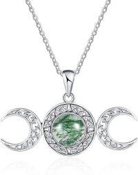 wholesale Sterling Silver Triple Moon Goddess Necklace with Celtic Knot Pendant-Moss Agate
