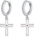 wholesale 925 Sterling Silver Black Rhodium Plated Small Cross Huggie Hoop Dangle Earrings with Cubic Zirconia and Brown Stone Accent-0-0