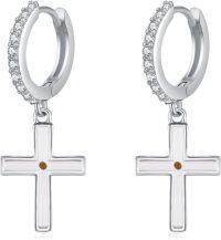 wholesale 925 Sterling Silver Black Rhodium Plated Small Cross Huggie Hoop Dangle Earrings with Cubic Zirconia and Brown Stone Accent-Christian