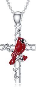 wholesale 925 Sterling Silver Red Cardinal Bird on Vine Cross Pendant Necklace for Women Girls - Memorial  48cm Chain Length-0-0