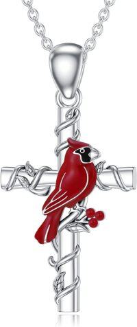wholesale 925 Sterling Silver Red Cardinal Bird on Vine Cross Pendant Necklace for Women Girls - Memorial  48cm Chain Length-Cross