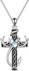 wholesale 925 Sterling Silver Antler Cross Moonstone Pendant Necklace with Chain-0-0