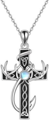 wholesale 925 Sterling Silver Antler Cross Moonstone Pendant Necklace with Chain-Hunting