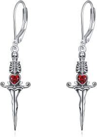 wholesale 925 Sterling Silver Red Heart Gothic Sword Dangle Earrings for Women-Skull sword