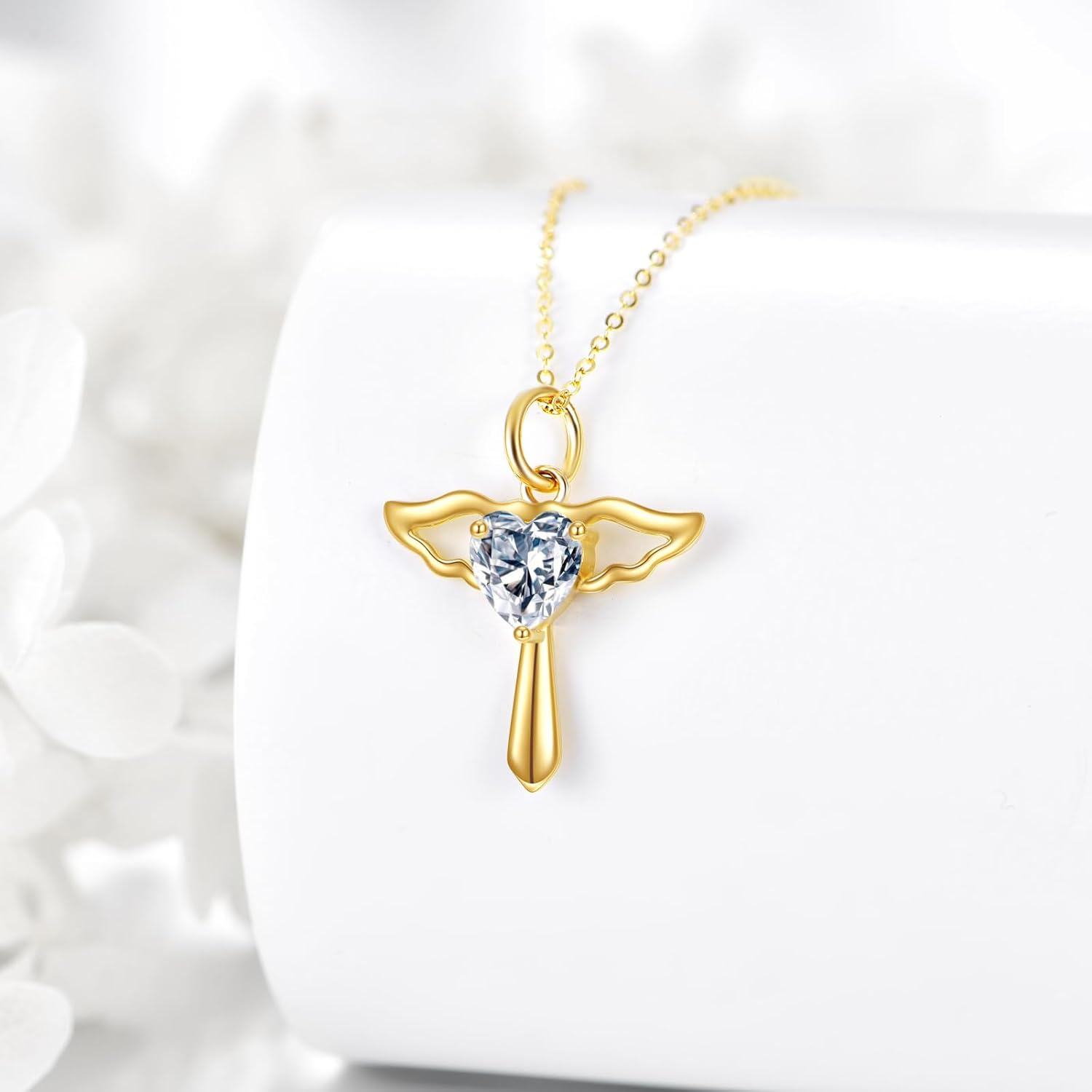 wholesale 14K Gold Angel Wings Heart Shaped Crystal Pendant Necklace for Women-0-1