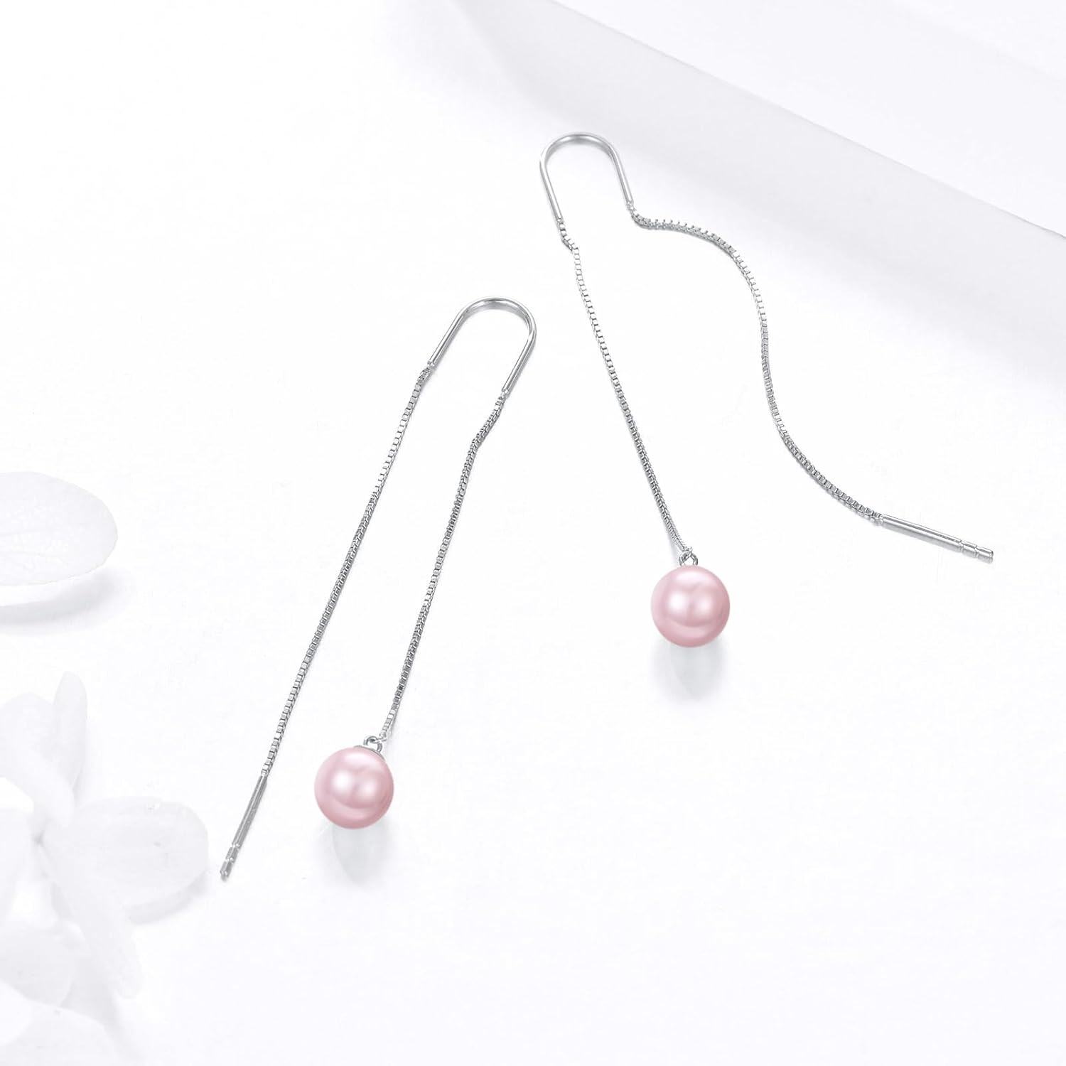 925 Sterling Silver Pink Pearl Long Chain Threader Dangle Earrings-0-3