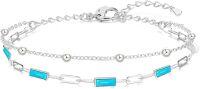 wholesale 925 Sterling Silver White Gold Plated Genuine Turquoise Bracelet 6.5-8.5 Adjustable w/Chain & Jewelry Box-Layered Rectangle Turquoise