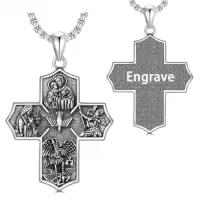 TOUPOP Sterling Silver Four Way Cross St Michael St Christopher St Benedict St Joseph St Francis Pendant Necklace-style_name:6-Four Way Cross - Personalized