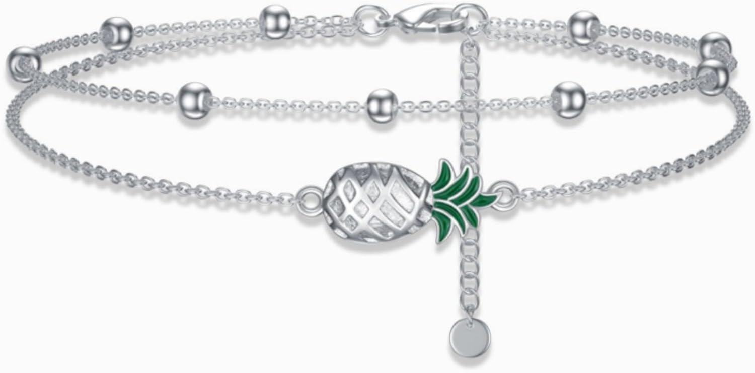  Sterling Silver Nature Charm Bracelet w Pineapple Dragonfly Butterfly Daisy Highland Cow Adjustable Anklet Anniversary Birthday Gift -0-1