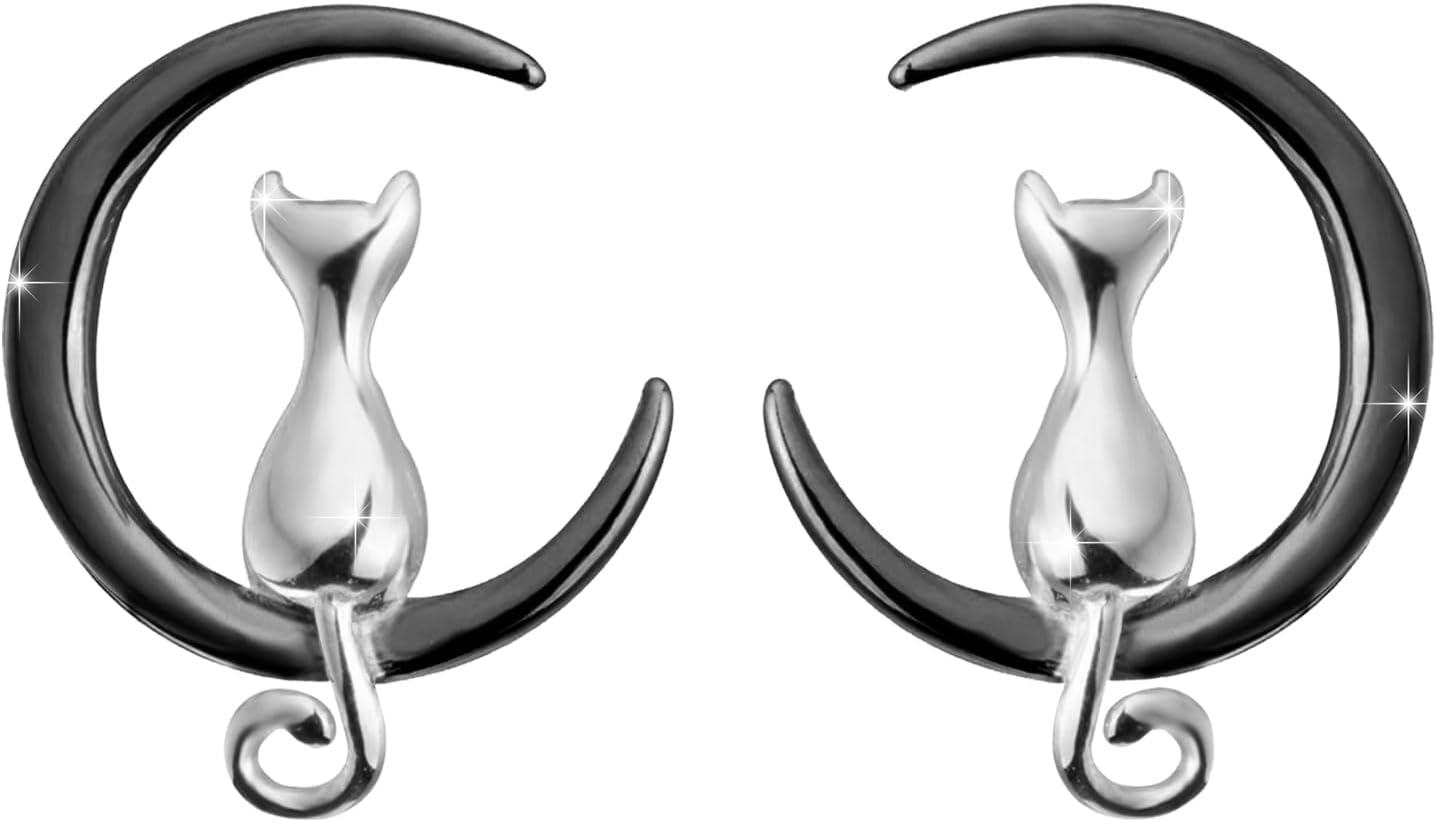 wholesale Sterling Silver Gold Cat Moon Stud Earrings Black Silver Animal Jewelry Gifts-black and sliver
