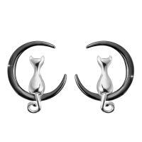wholesale 925 Sterling Silver Cat and Crescent Moon Stud Earrings for Women-black and sliver