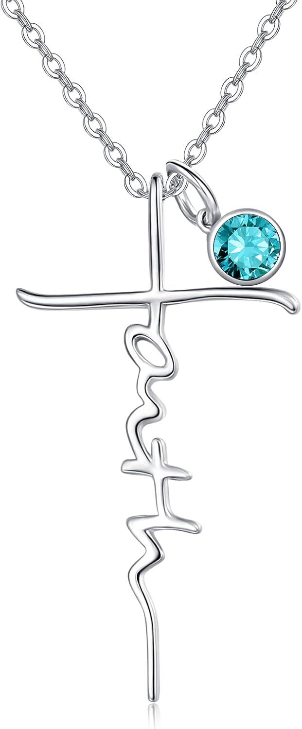 Sterling Silver Birthstone Faith Cross Pendant Necklace for Women-Blue Topaz-Blue Topaz