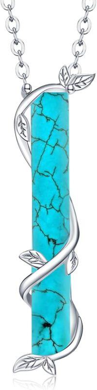 wholesale Sterling Silver Turquoise Amber Bar Necklace, Exquisite Vertical Pendant with Branches, 18+2 Chain, Hypoallergenic, Gift for Women-E-Turquoise Vertical
