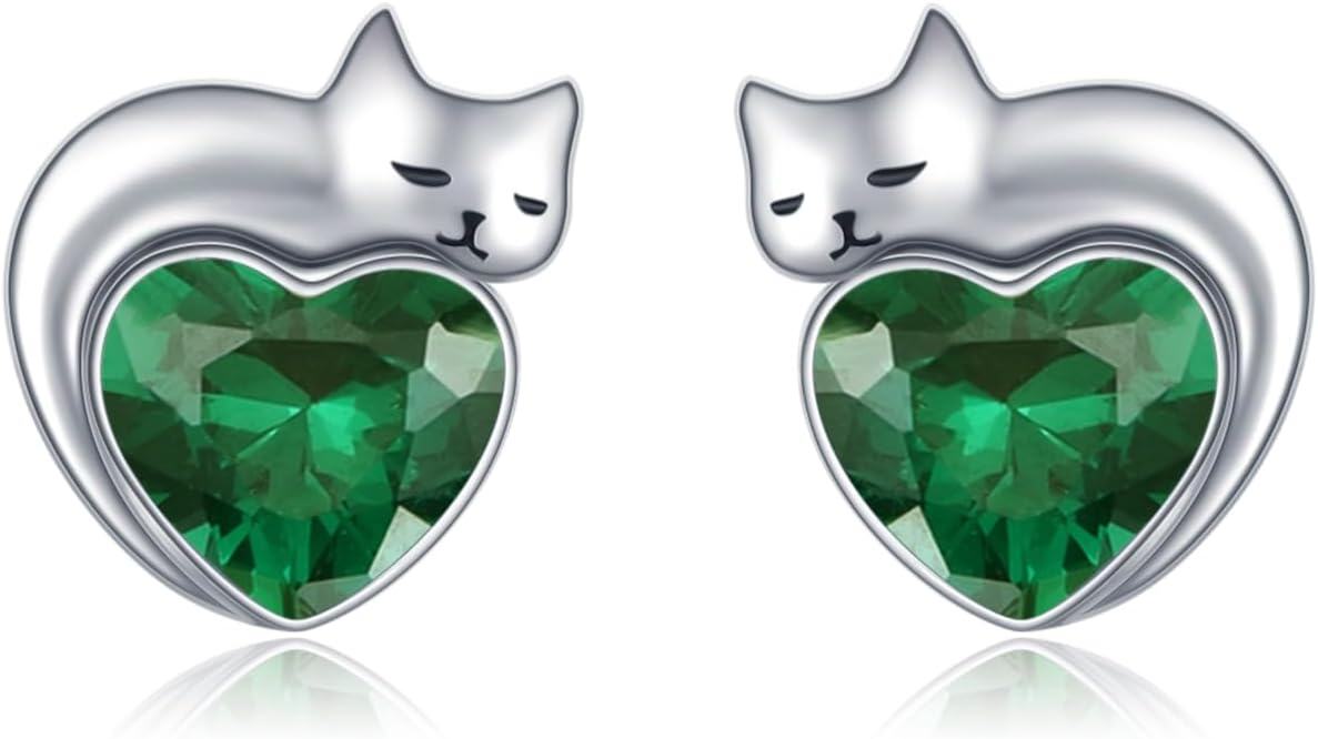 wholesale Sterling Silver Birthstone Cat Stud Earrings Heart Jewelry for Women-05-May