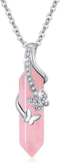 wholesale 925 Sterling Silver Pink Rose Quartz Amethyst Butterfly Pendant Necklace-B-Rosa