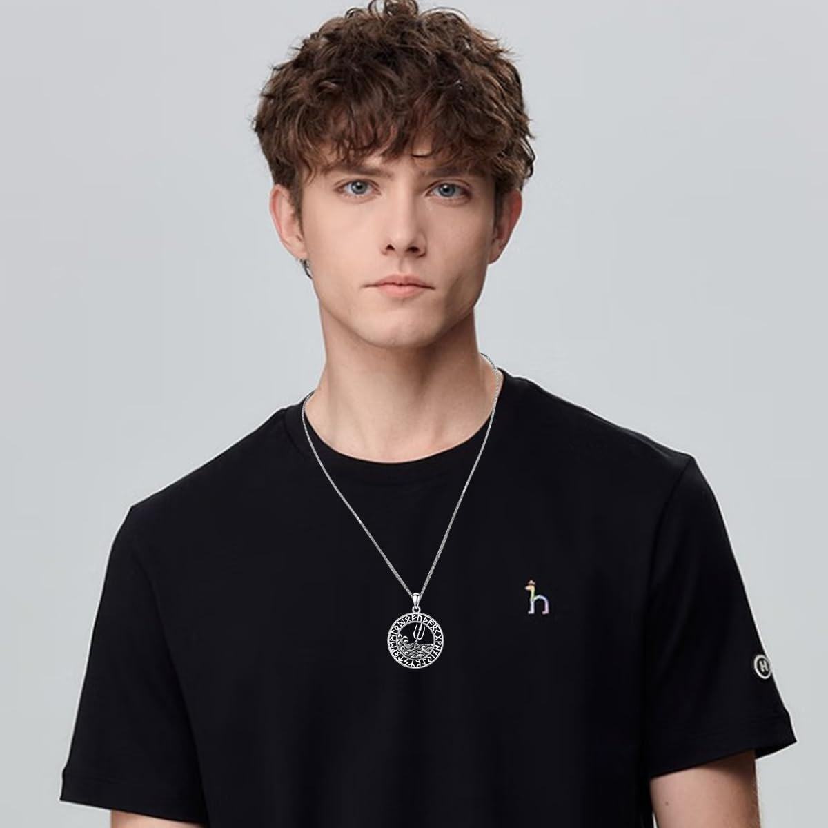 wholesale 925 Sterling Silver Trident Pendant with Waves and Rune Design on Round Medallion Necklace - 3 Sizes Available-0-2