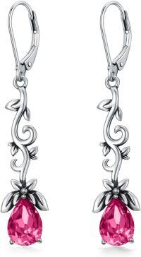 wholesale Sterling Silver Simulated Birthstone Crystal Vintage Oxidized Branches Dangle Earrings-Pink