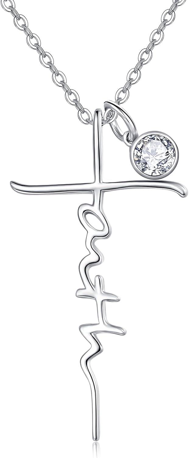 Sterling Silver Birthstone Faith Cross Pendant Necklace for Women-Clear-Clear