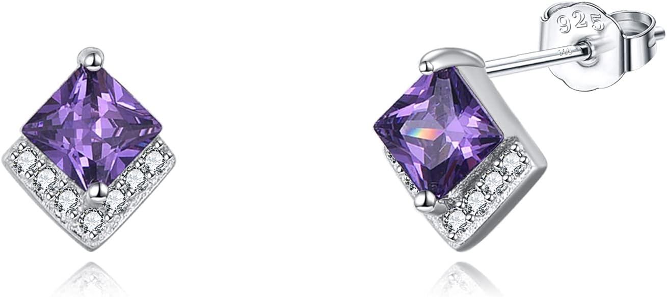 Sterling Silver Cubic Zirconia Birthstone Stud Earrings Hypoallergenic-Feb-Amethyst
