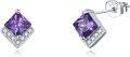 wholesale  Sterling Silver Cubic Zirconia Crystal Birthstone Stud Earrings, 7.8mm Square Amethyst Violet Jewelry for Sensitive Ears-0-0