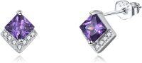 wholesale  Sterling Silver Cubic Zirconia Crystal Birthstone Stud Earrings, 7.8mm Square Amethyst Violet Jewelry for Sensitive Ears-Feb-Amethyst