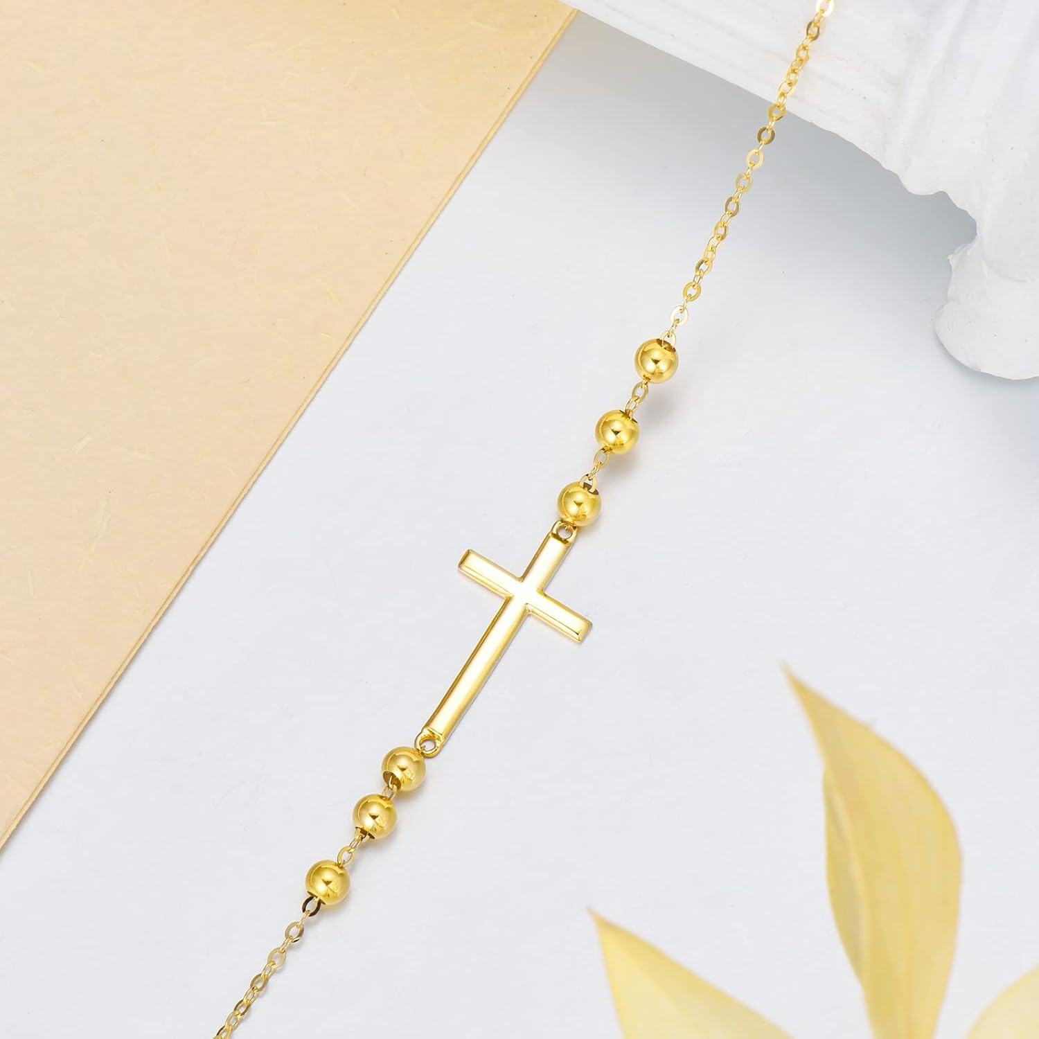 wholesale 14K Gold Sideways Cross Beaded Chain Bracelet for Women Religious s-0-2