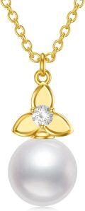 wholesale 14K Gold Freshwater Pearl Pendant with Diamond Accent and Tri-Leaf Design - Elegant Women's Necklaces-0-0