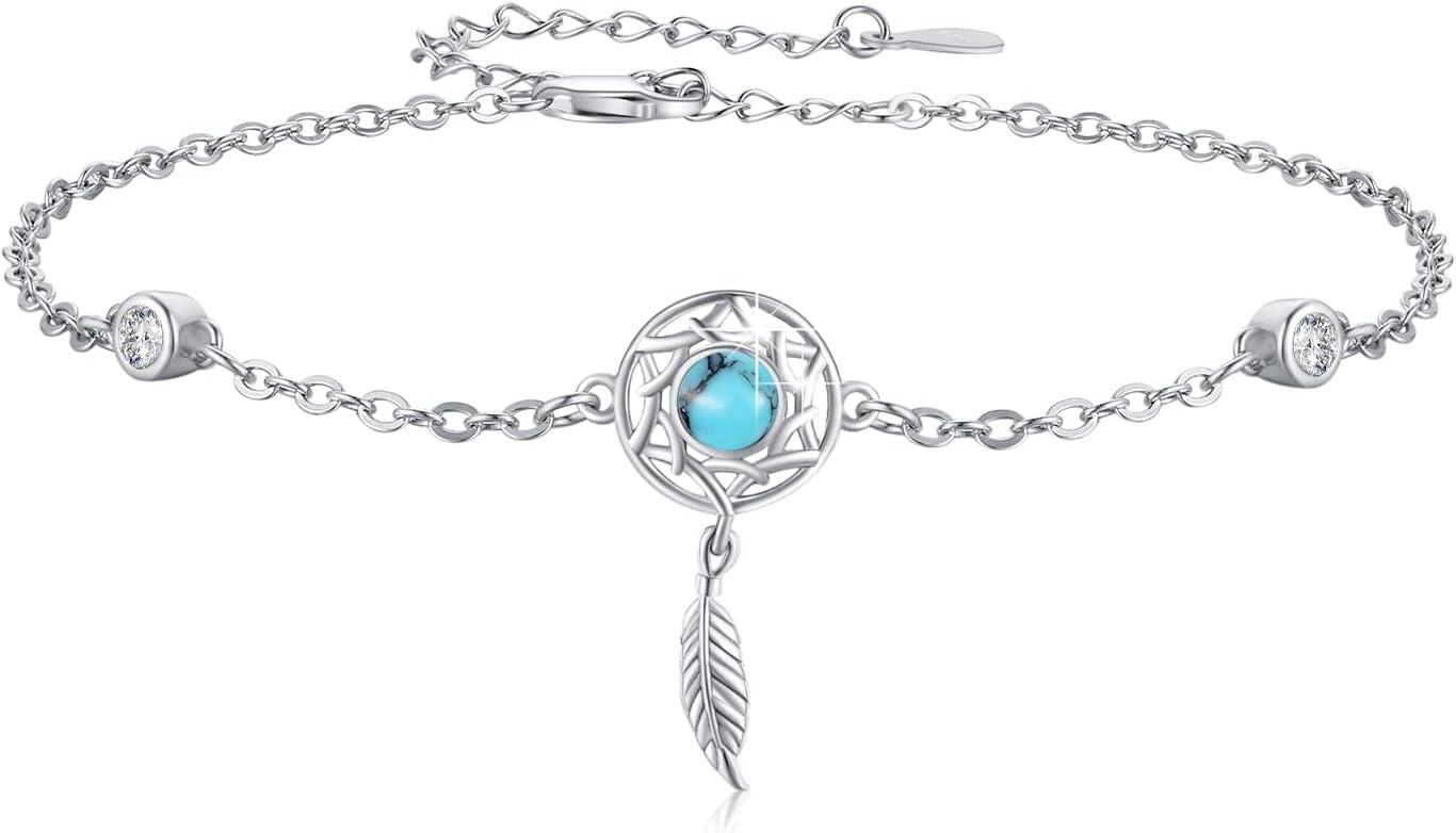 Sterling Silver Boho Stone Dream Catcher Bracelet for Women Adjustable 7+2in-Silver-Turquoise