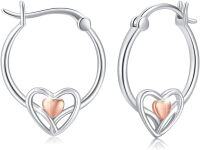 wholesale 925 Sterling Silver Heart-Shaped Rose Gold Inlay Hypoallergenic Hoop Earrings for Women Girls 14mm Diameter-Heart Hoop Earrings