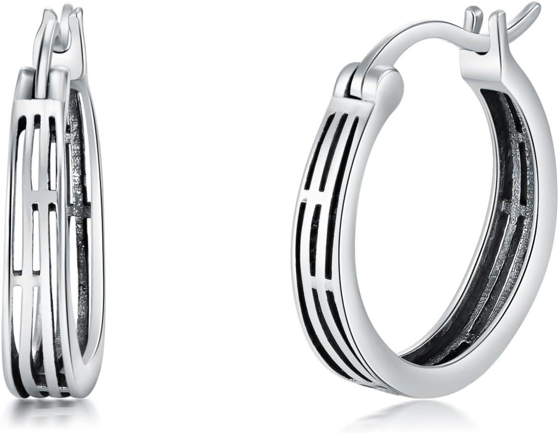 Sterling Silver Hypoallergenic Small Hoop Sun Leaf Triangle Huggie Earrings for Women-Cross-Oxidizied-Cross-Oxidizied
