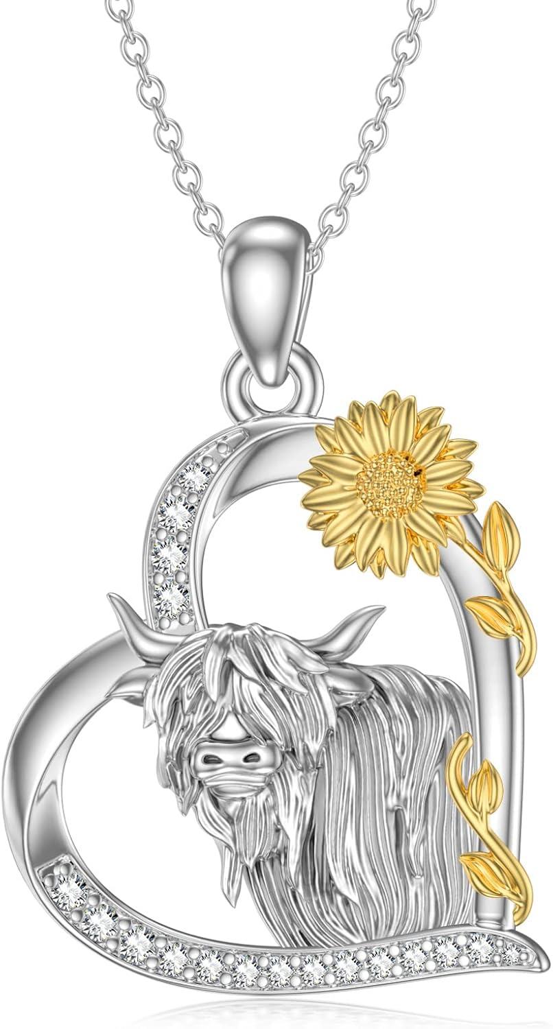 Sterling Silver Heart Necklace with Fox Axolotl Koala Giraffe Cow Guinea Pig Fairy Thistle Daisy Cat Duck Lion Pendant-Highland Cow