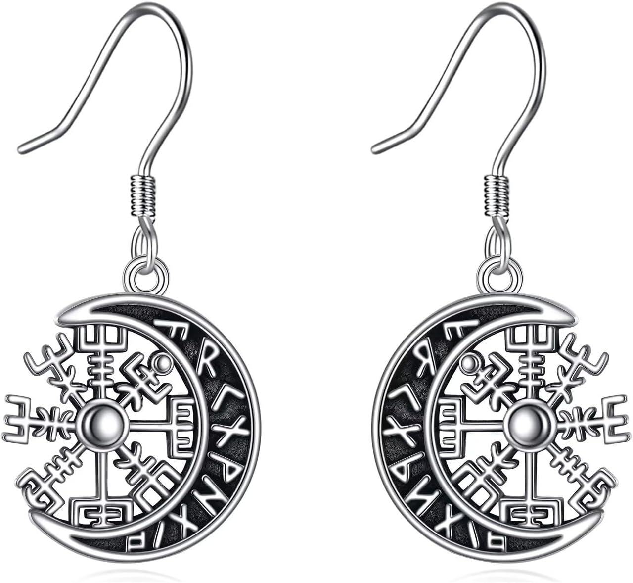 Sterling Silver Dolphin Teardrop Filigree Dangle Earrings for Women-Moon Viking Rune Earrings
